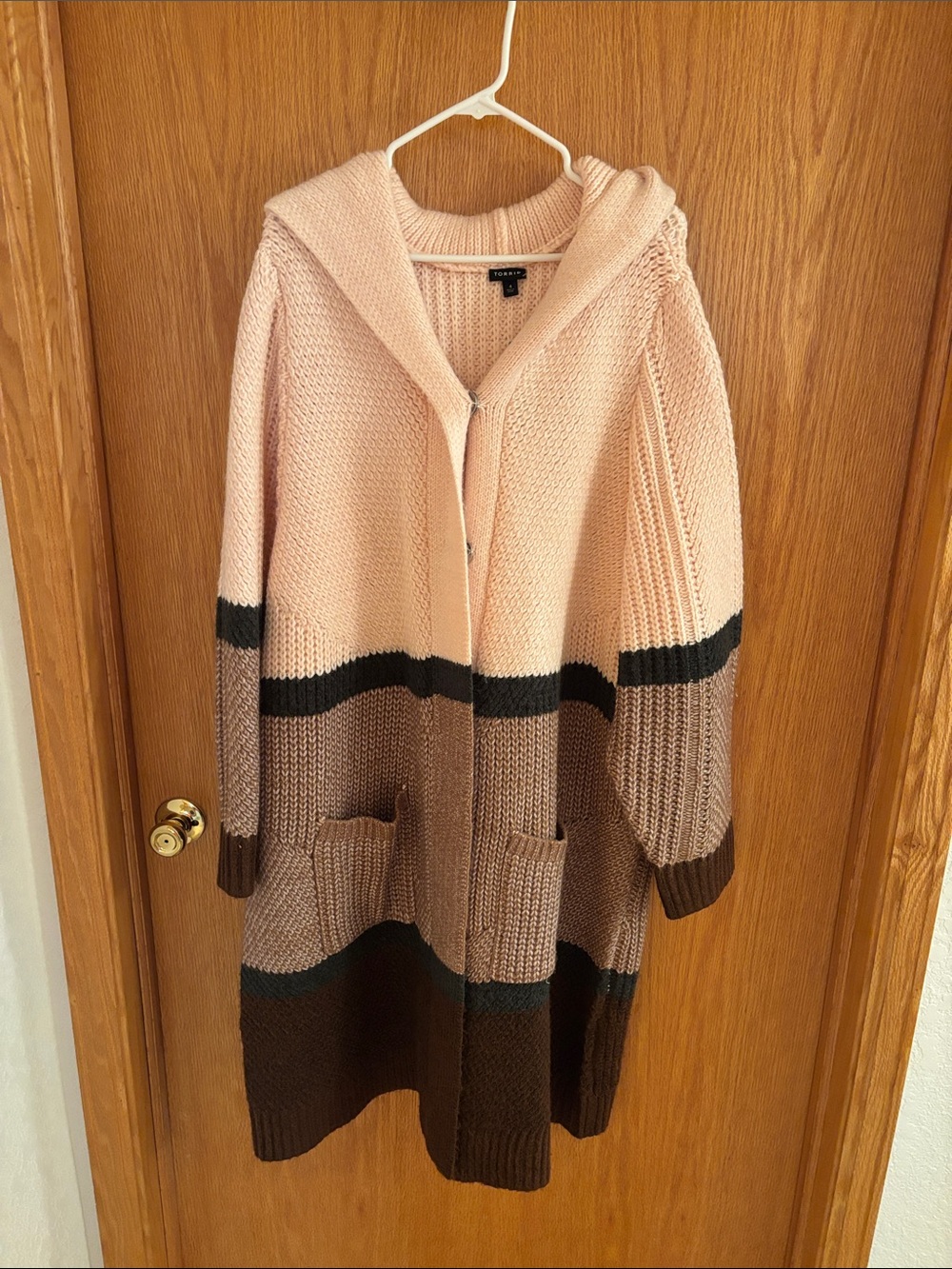 Soft Knit Hooded Colorblock Sweater Coat - Pink & Brown